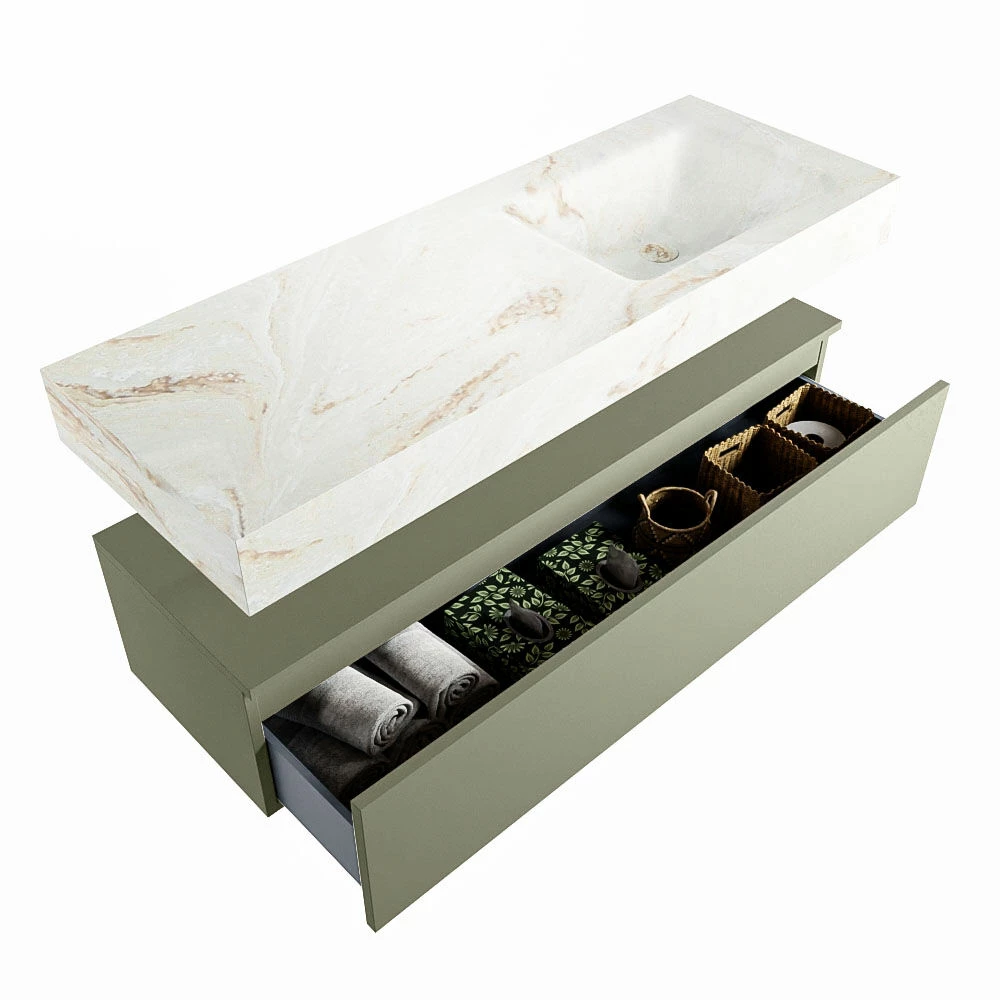 Mondiaz Alan DLux Badmeubel 130cm Army 1 Lade Met Wastafel Frappe Rechts 1 Kraangat - Afbeelding 6