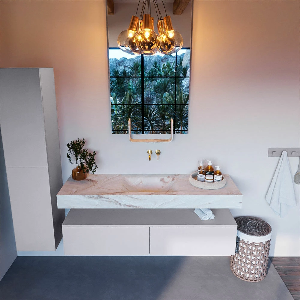 Mondiaz Alan DLux Badmeubel 150cm Cale 2 Lades Met Wastafel Frappe Midden Zonder Kraangat - Afbeelding 2