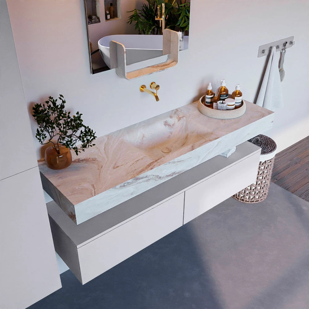 Mondiaz Alan DLux Badmeubel 150cm Cale 2 Lades Met Wastafel Frappe Midden Zonder Kraangat