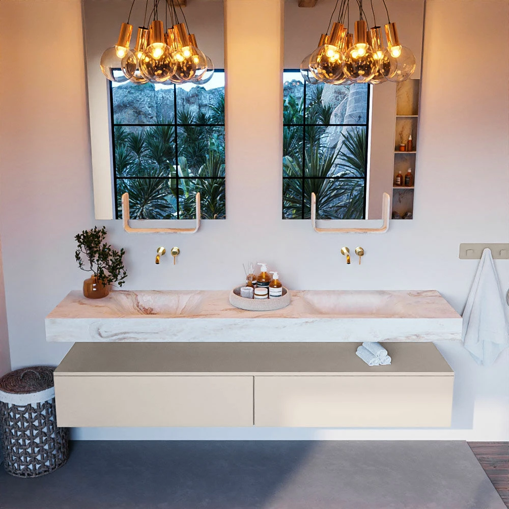 Mondiaz Alan DLux Badmeubel 200cm Linen 2 Lades Met Wastafel Frappe Dubbel Zonder Kraangat - Afbeelding 2