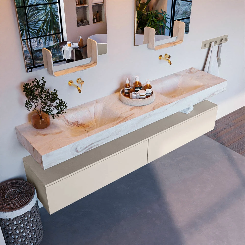 Mondiaz Alan DLux Badmeubel 200cm Linen 2 Lades Met Wastafel Frappe Dubbel Zonder Kraangat