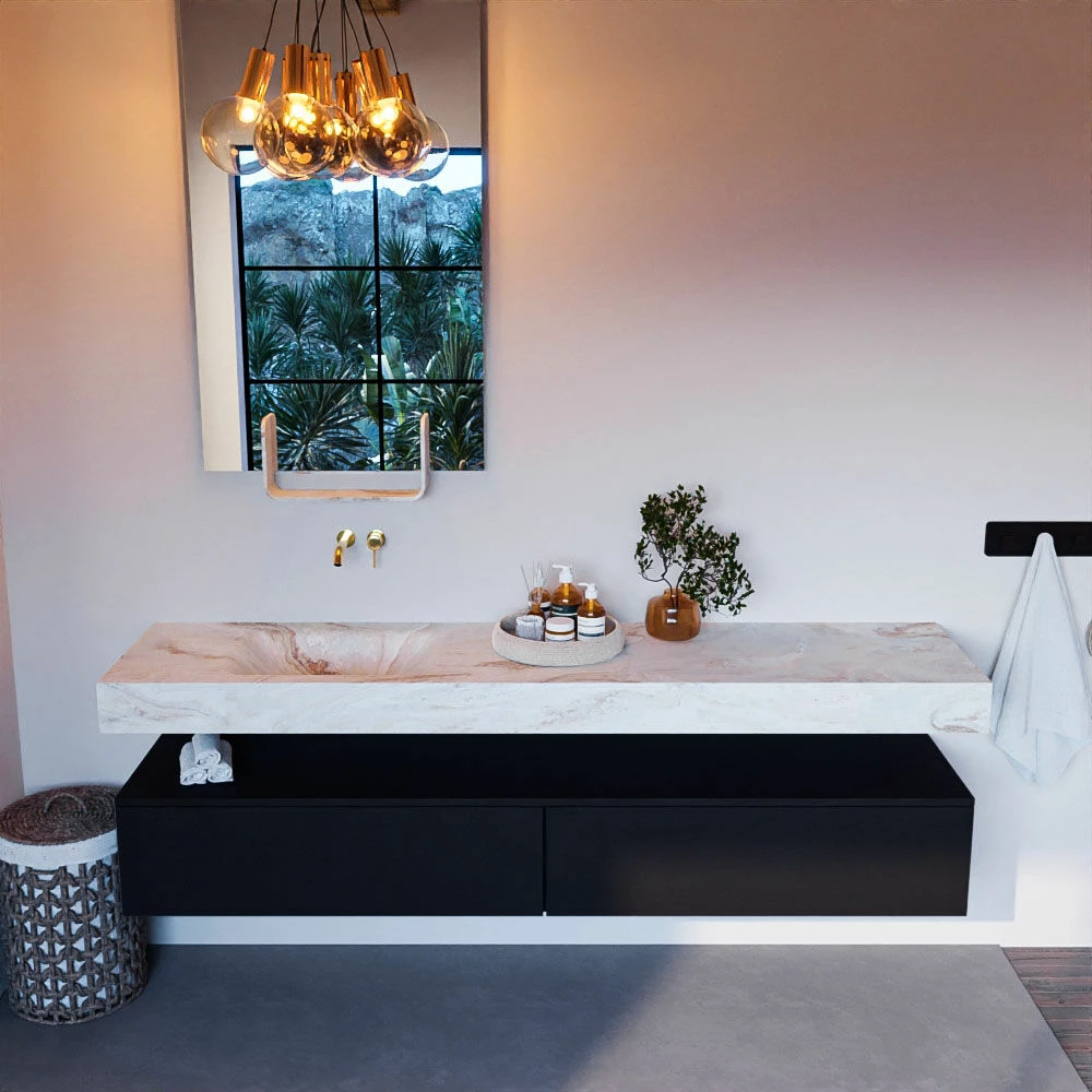 Mondiaz Alan DLux Badmeubel 200cm Urban 2 Lades Met Wastafel Frappe Links Zonder Kraangat - Afbeelding 2