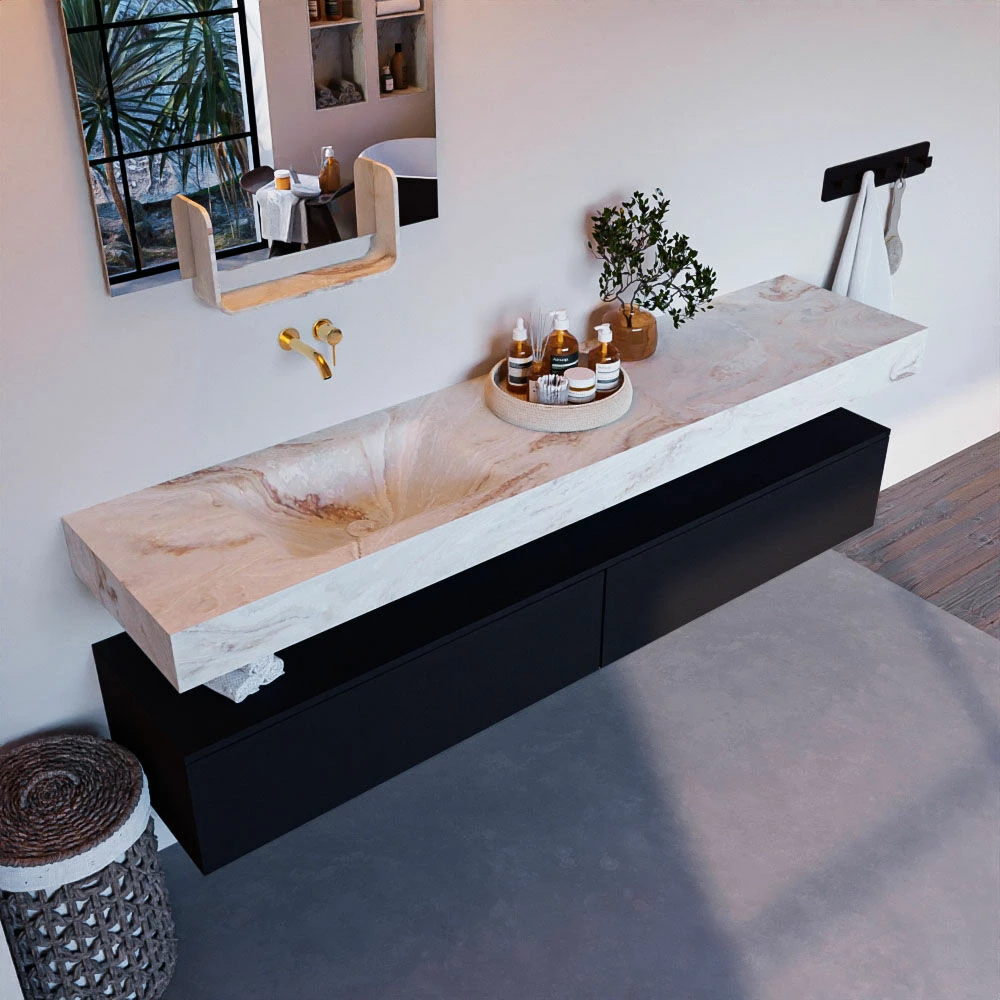 Mondiaz Alan DLux Badmeubel 200cm Urban 2 Lades Met Wastafel Frappe Links Zonder Kraangat