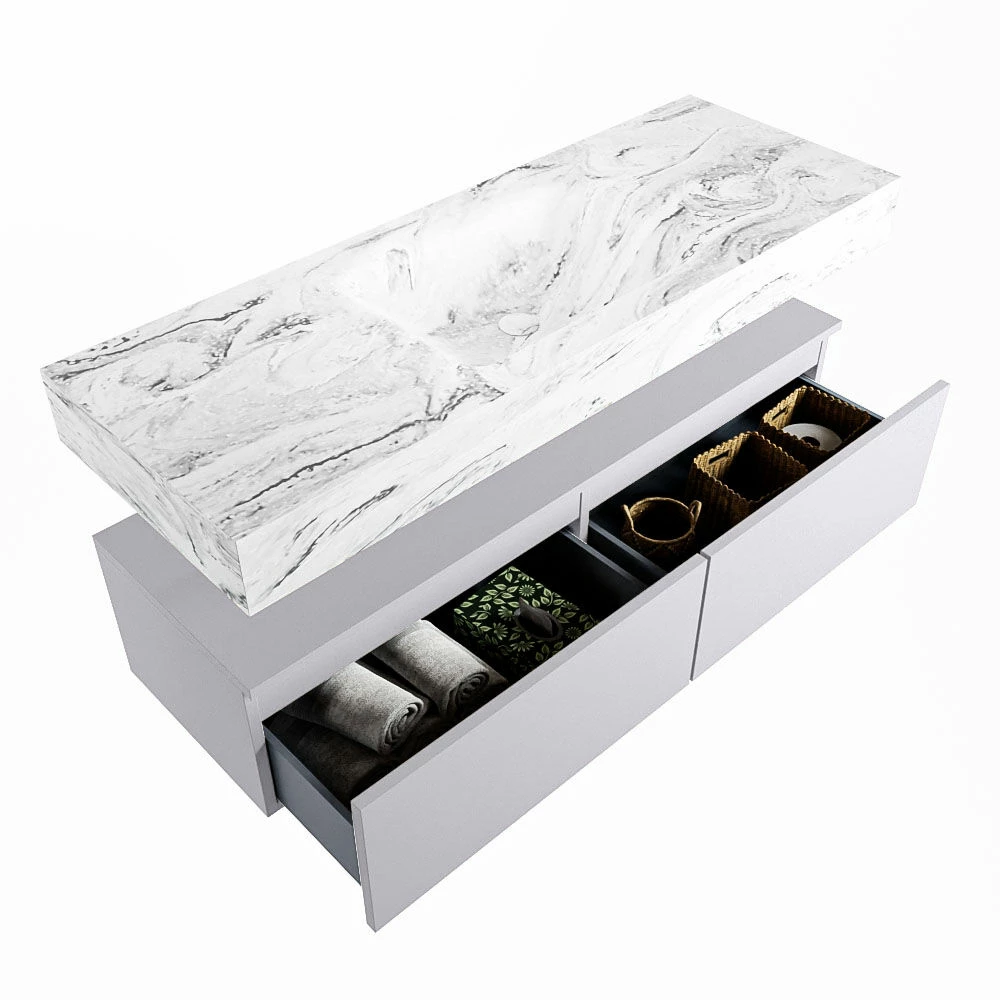 Mondiaz Alan DLux Badmeubel 130cm Cale 2 Lades Met Wastafel Glace Midden Zonder Kraangat - Afbeelding 6