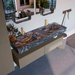 Mondiaz Alan DLux Badmeubel 150cm Smoke 2 Lades Met Wastafel Lava Dubbel 2 Kraangaten