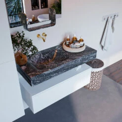 Mondiaz Alan DLux Badmeubel 100cm Talc 1 Lade Met Wastafel Lava Links Zonder Kraangat