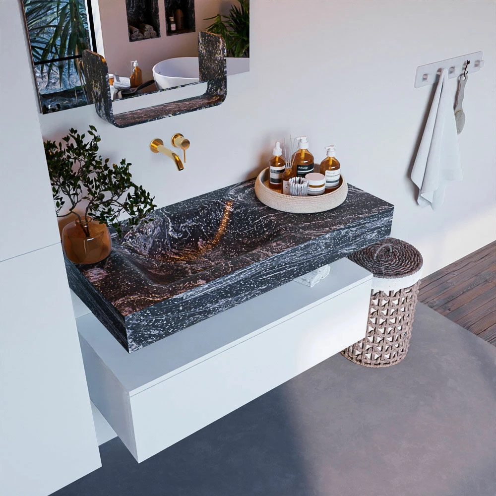 Mondiaz Alan DLux Badmeubel 100cm Talc 1 Lade Met Wastafel Lava Links Zonder Kraangat