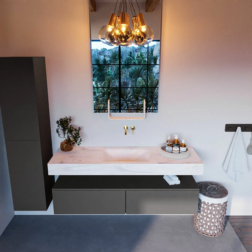 Mondiaz Alan DLux Badmeubel 150cm Dark Grey 2 Lades Met Wastafel Ostra Midden Zonder Kraangat - Afbeelding 2