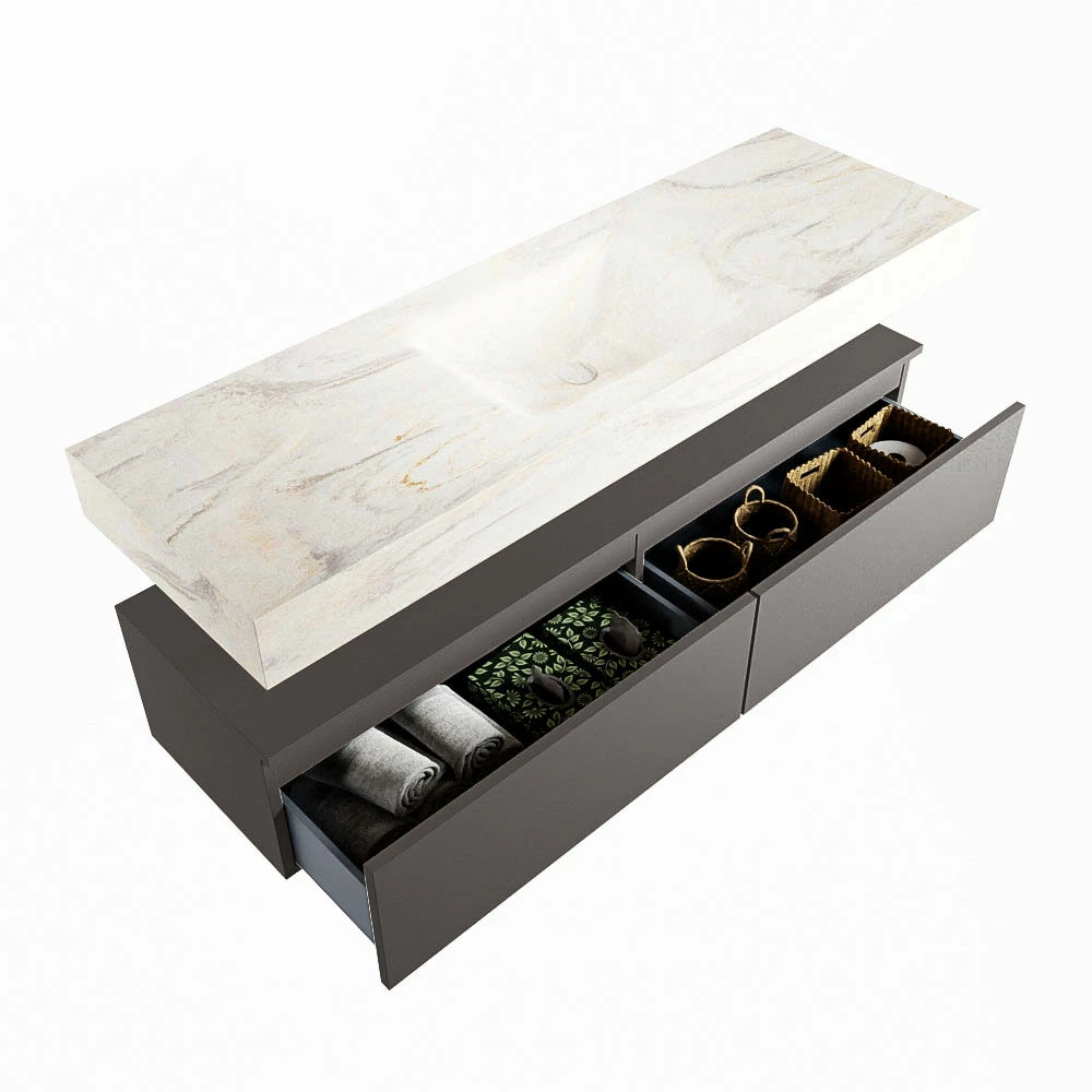 Mondiaz Alan DLux Badmeubel 150cm Dark Grey 2 Lades Met Wastafel Ostra Midden Zonder Kraangat - Afbeelding 6