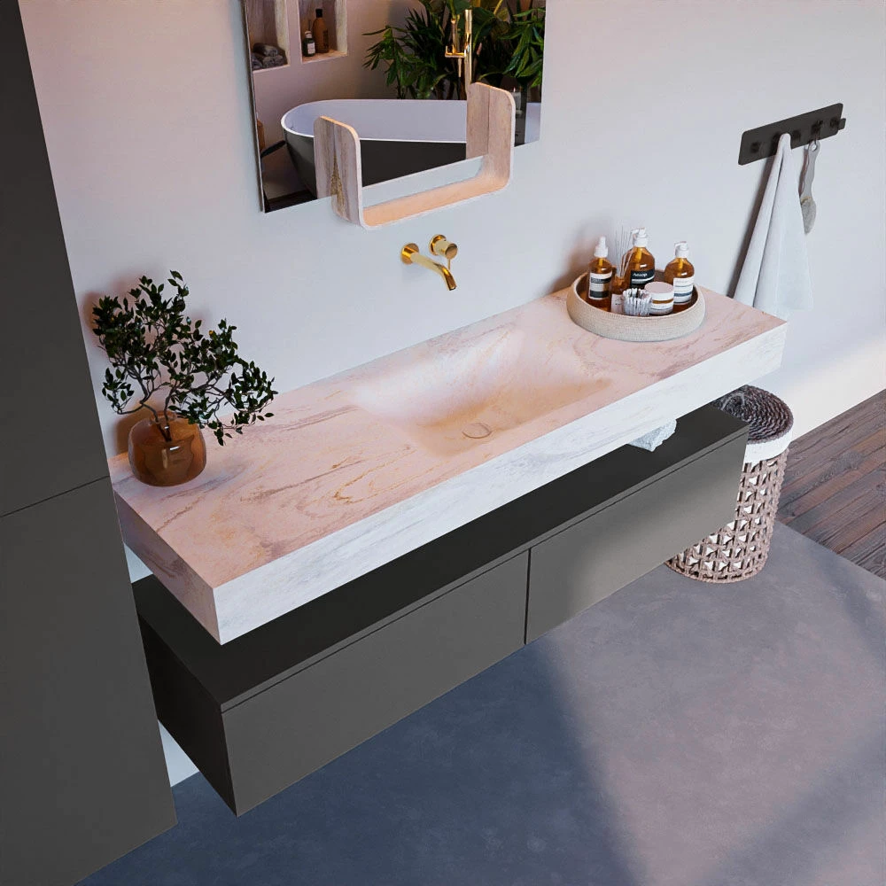 Mondiaz Alan DLux Badmeubel 150cm Dark Grey 2 Lades Met Wastafel Ostra Midden Zonder Kraangat