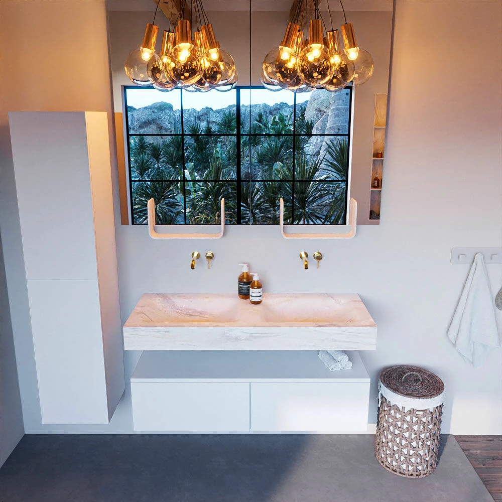 Mondiaz Alan DLux Badmeubel 120cm Talc 2 Lades Met Wastafel Ostra Dubbel Zonder Kraangat - Afbeelding 2