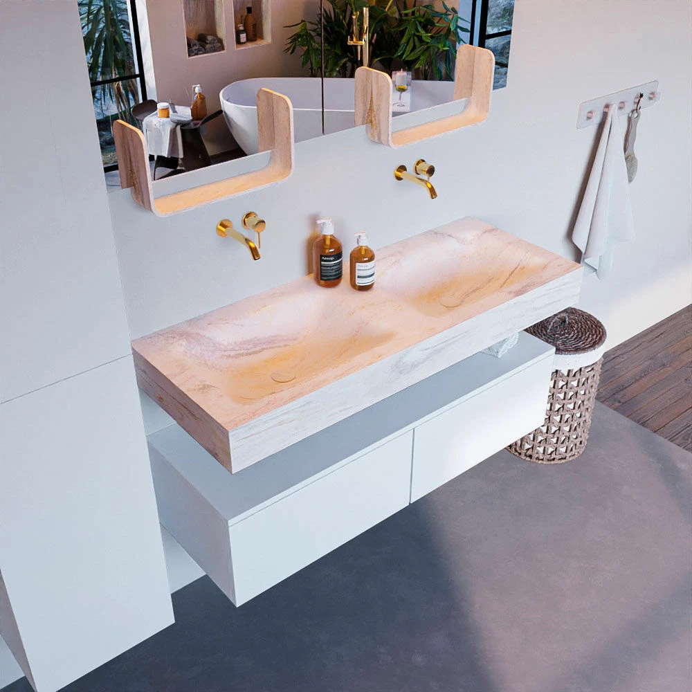 Mondiaz Alan DLux Badmeubel 120cm Talc 2 Lades Met Wastafel Ostra Dubbel Zonder Kraangat