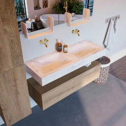 Mondiaz Alan DLux Badmeubel 120cm Washed Oak 1 Lade Met Wastafel Ostra Dubbel Zonder Kraangat