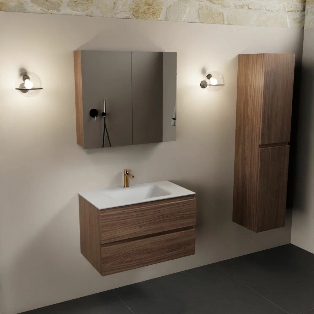 Mondiaz Aivy Badmeubel 80cm Mocha Met Wastafel Solid Surface Talc Midden 1 Kraangat En Spiegelkast