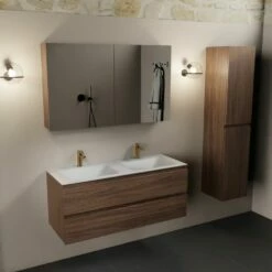 Mondiaz Aivy Badmeubel 120cm Mocha Met Wastafel Solid Surface Talc Dubbel 2 Kraangaten En Spiegelkast