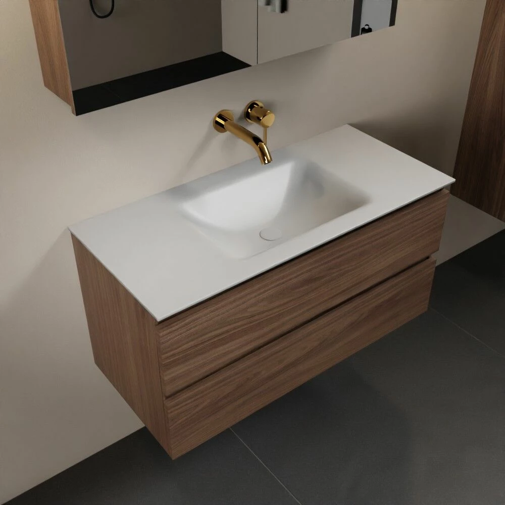 Mondiaz Aivy Badmeubel 100cm Mocha Met Wastafel Solid Surface Talc Midden Zonder Kraangat En Spiegelkast - Afbeelding 2