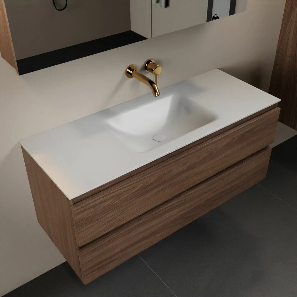 Mondiaz Aivy Badmeubel 120cm Mocha Met Wastafel Solid Surface Talc Midden Zonder Kraangat En Spiegelkast - Afbeelding 2