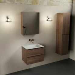 Mondiaz Aivy Badmeubel 60cm Mocha Met Wastafel Solid Surface Talc Midden Zonder Kraangat En Spiegelkast
