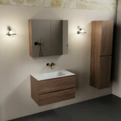Mondiaz Aivy Badmeubel 80cm Mocha Met Wastafel Solid Surface Talc Midden Zonder Kraangat En Spiegelkast