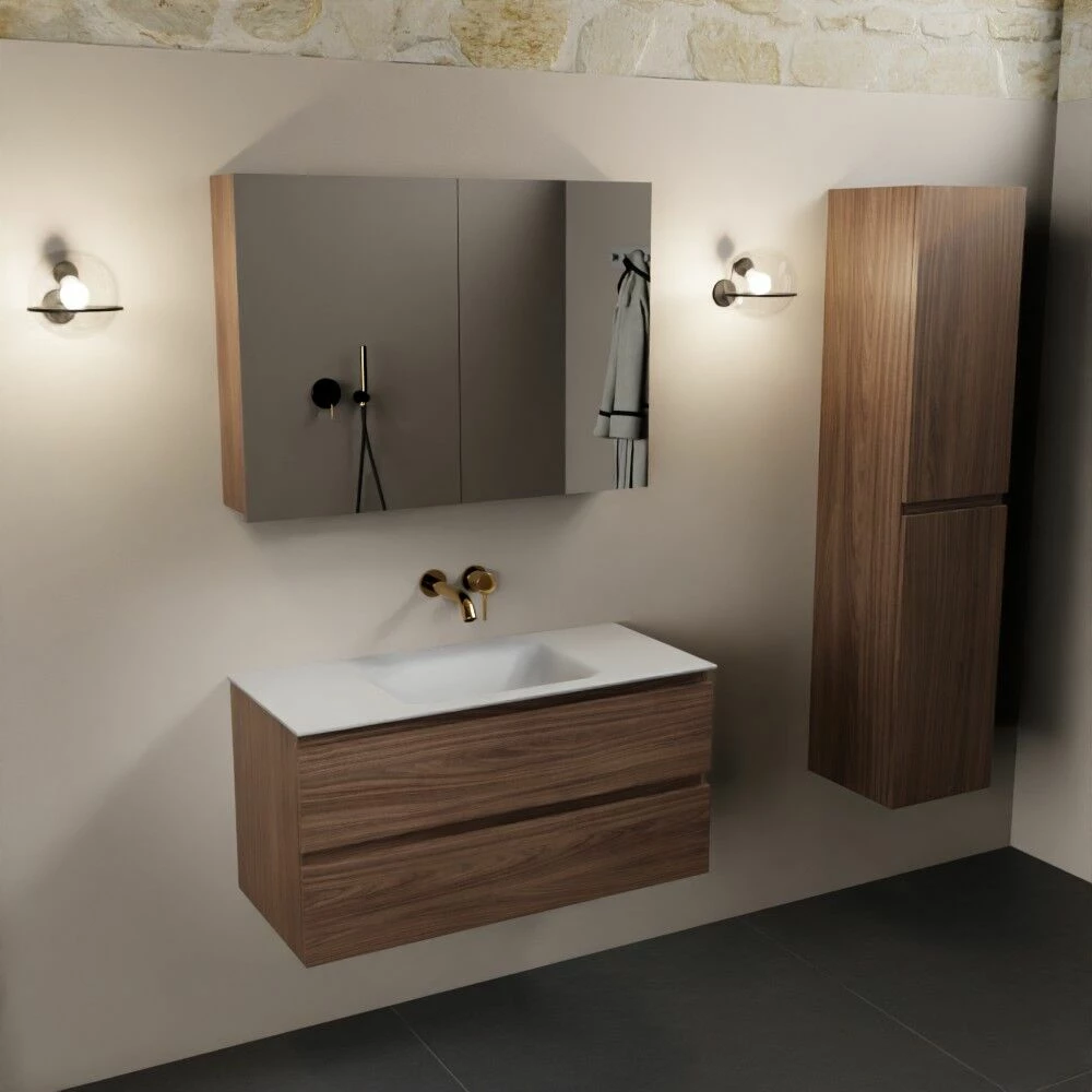 Mondiaz Aivy Badmeubel 100cm Mocha Met Wastafel Solid Surface Talc Midden Zonder Kraangat En Spiegelkast