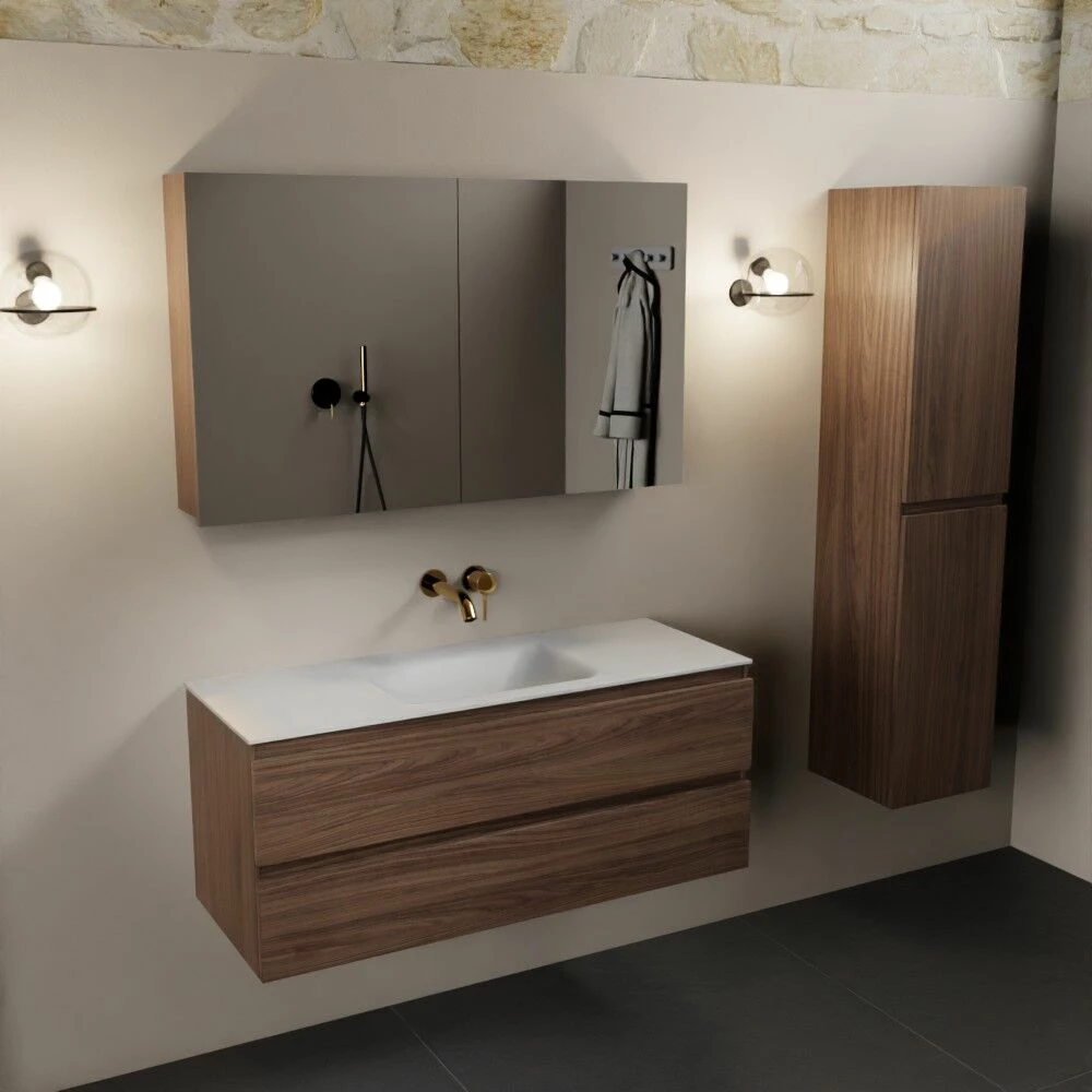 Mondiaz Aivy Badmeubel 120cm Mocha Met Wastafel Solid Surface Talc Midden Zonder Kraangat En Spiegelkast