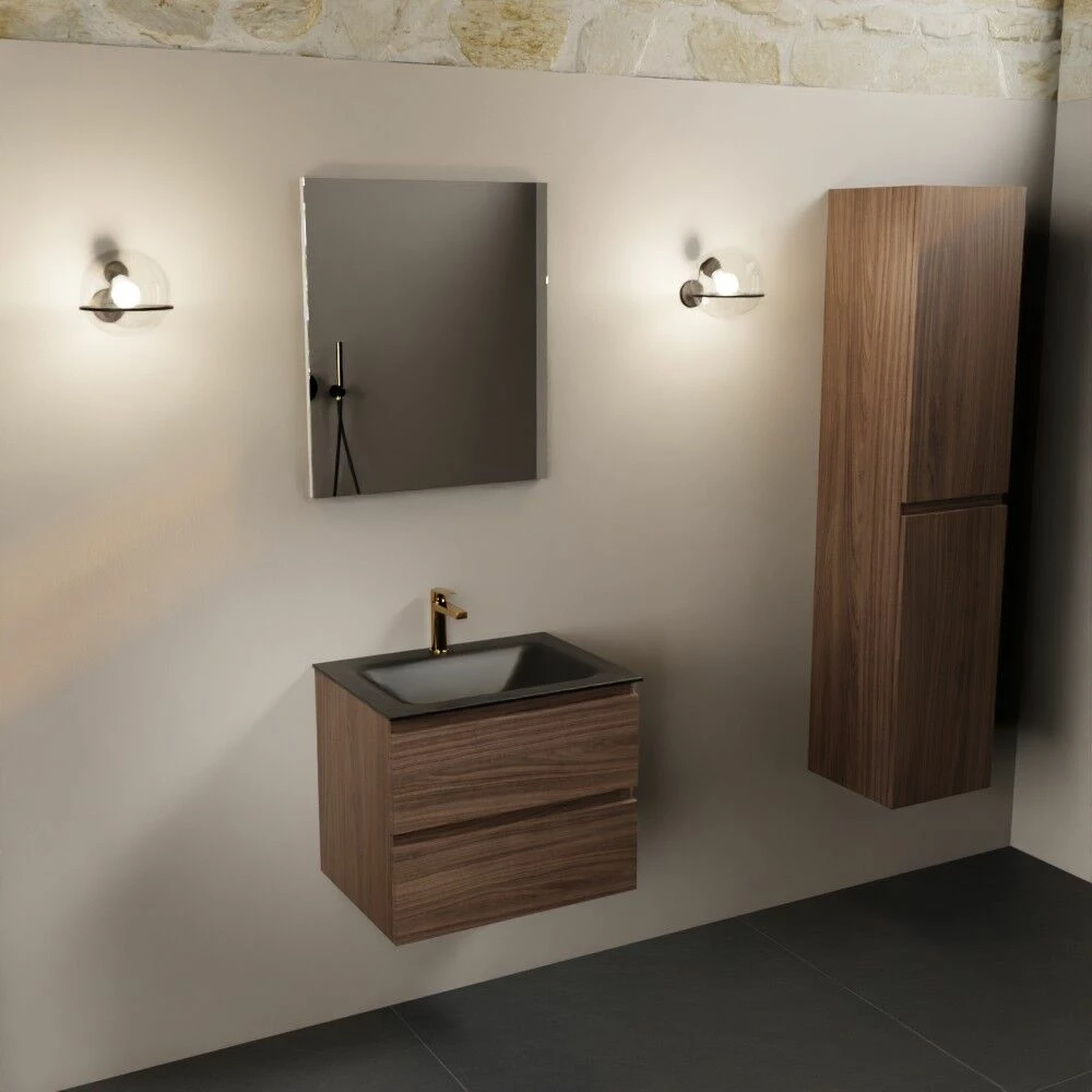 Mondiaz Aivy Badmeubel 60cm Mocha Met Wastafel Solid Surface Urban Midden 1 Kraangat En Spiegel