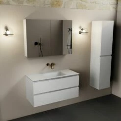 Mondiaz Aivy Badmeubel 100cm Talc Met Wastafel Solid Surface Talc Midden Zonder Kraangat En Spiegelkast