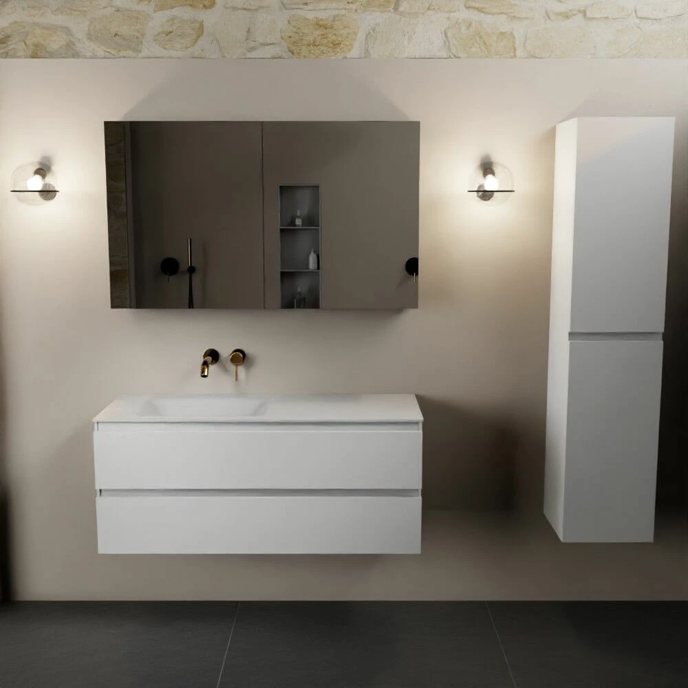 Mondiaz Aivy Badmeubel 120cm Talc Met Wastafel Solid Surface Talc Links Zonder Kraangat En Spiegelkast - Afbeelding 3