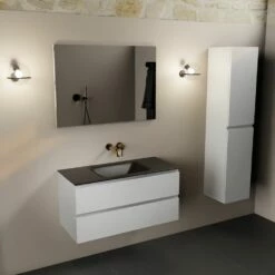 Mondiaz Aivy Badmeubel 100cm Talc Met Wastafel Solid Surface Urban Midden Zonder Kraangat En Spiegel