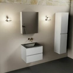 Mondiaz Aivy Badmeubel 60cm Talc Met Wastafel Solid Surface Urban Midden Zonder Kraangat En Spiegelkast