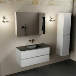 Mondiaz Aivy Badmeubel 100cm Talc Met Wastafel Solid Surface Urban Midden Zonder Kraangat En Spiegelkast