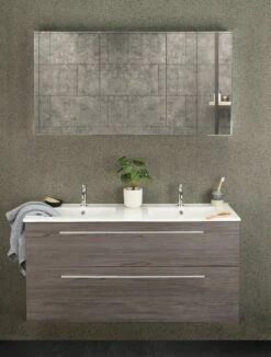 Differnz Fit Badmeubel 120cm Eiken Donker Met Wastafel Wit Glans 2 Kraangaten En Spiegelkast