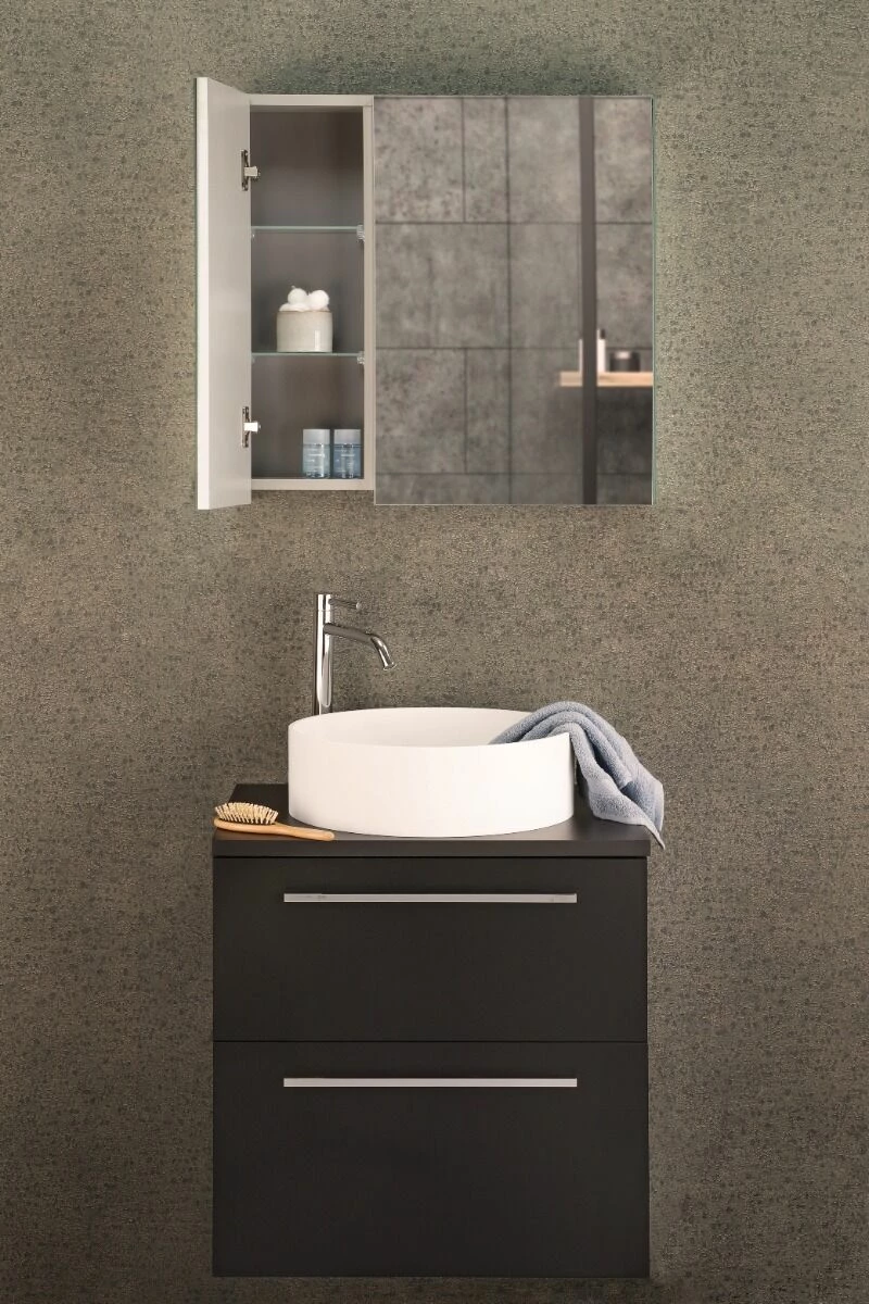 Differnz Fit Badmeubel 60cm Zwart Mat Met Toppaneel Zwart Mat En Spiegelkast - Afbeelding 3