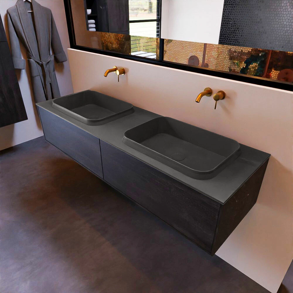 Mondiaz Erin 150cm Badmeubel Antracite Met 2 Lades En Donkergrijze Wastafel Dubbel Zonder Kraangaten