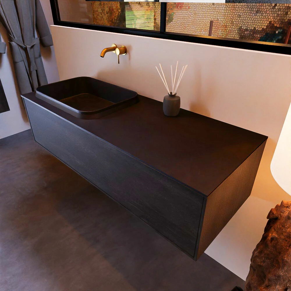 Mondiaz Erin 120cm Badmeubel Antracite Met 1 Lade En Zwarte Wastafel Links Zonder Kraangaten