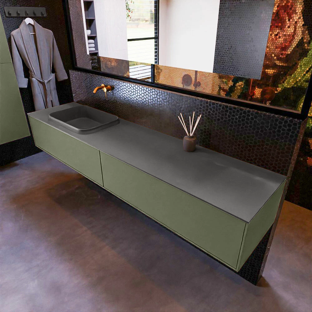 Mondiaz Erin 200cm Badmeubel Army Met 2 Lades En Donkergrijze Wastafel Links Zonder Kraangaten