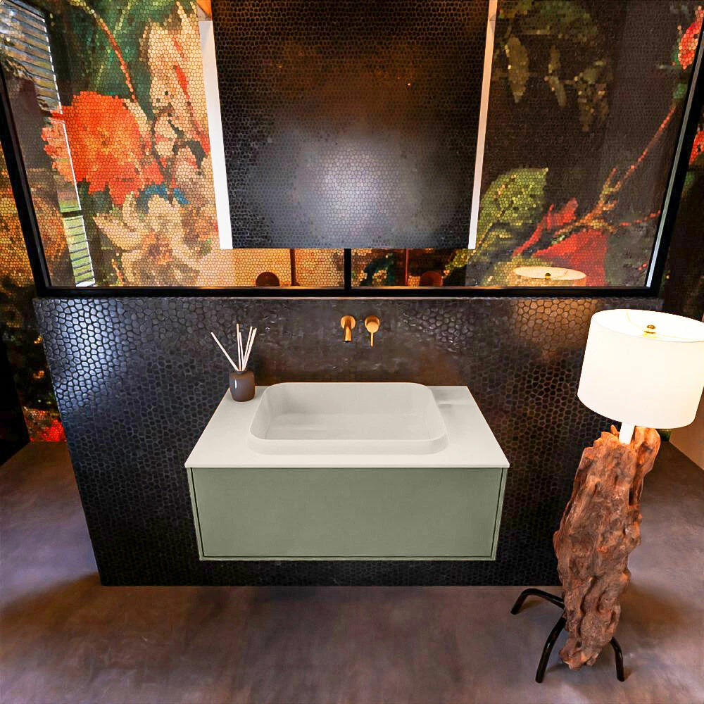 Mondiaz Erin 80cm Badmeubel Army Met 1 Lade En Beige Wastafel Midden Zonder Kraangaten - Afbeelding 2