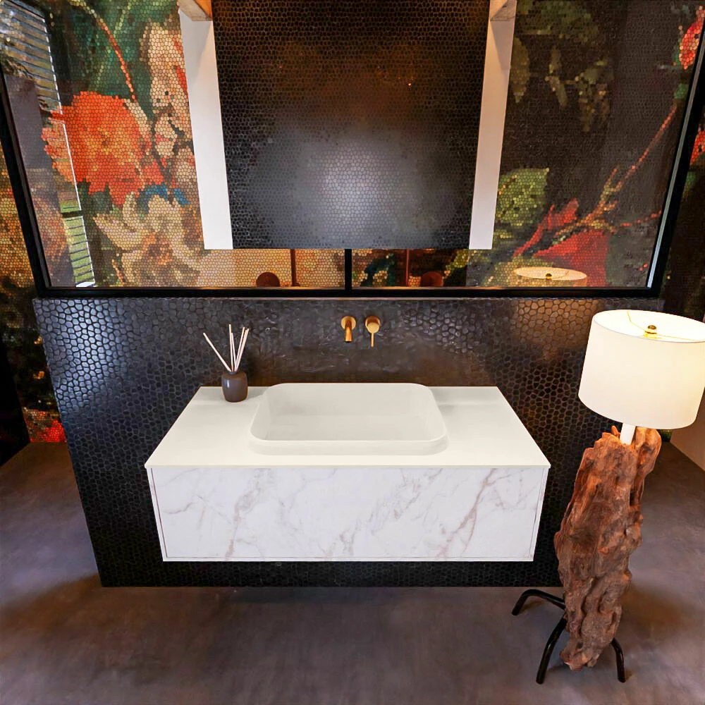 Mondiaz Erin 100cm Badmeubel Carrara Met 1 Lade En Beige Wastafel Midden Zonder Kraangaten - Afbeelding 2