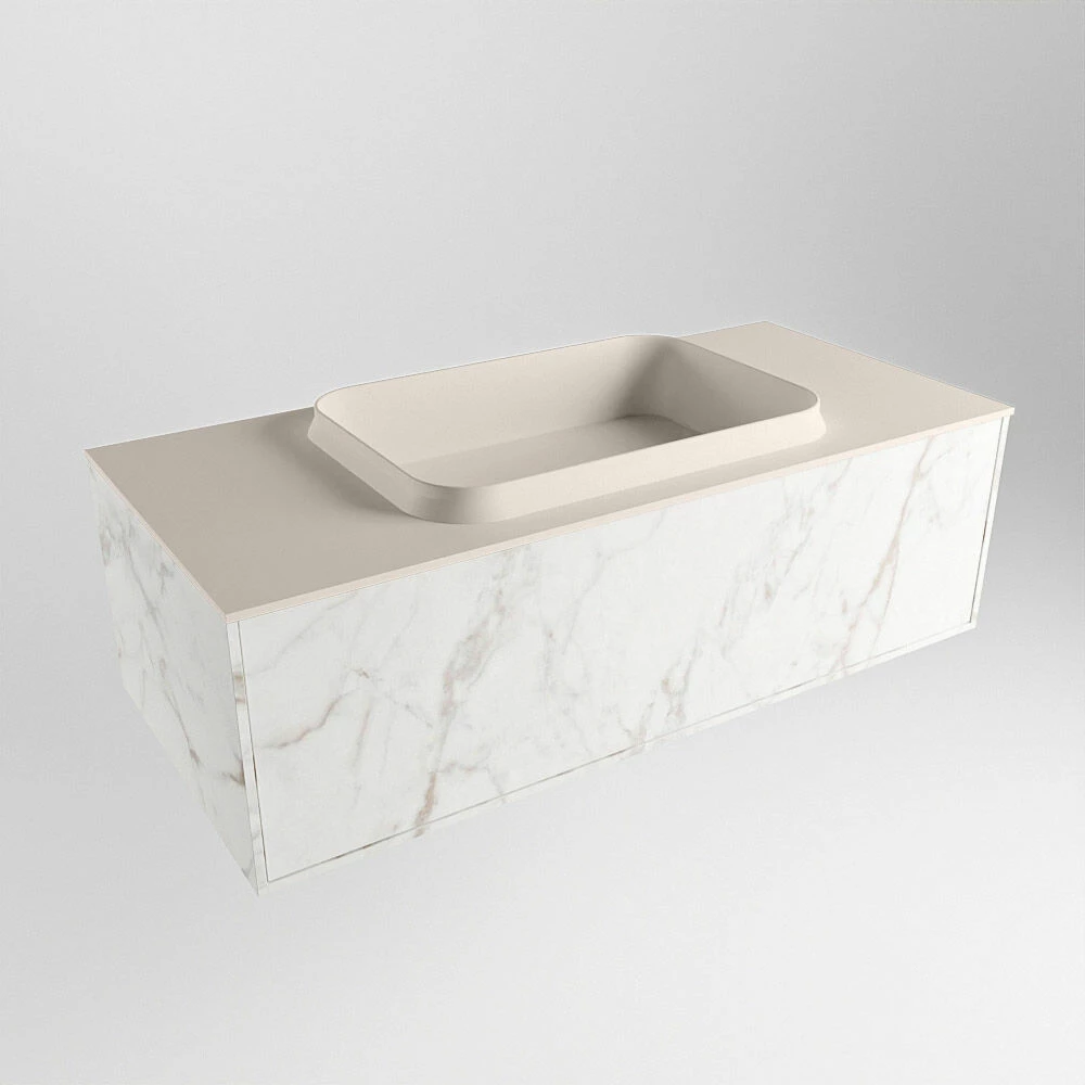 Mondiaz Erin 100cm Badmeubel Carrara Met 1 Lade En Beige Wastafel Midden Zonder Kraangaten - Afbeelding 4