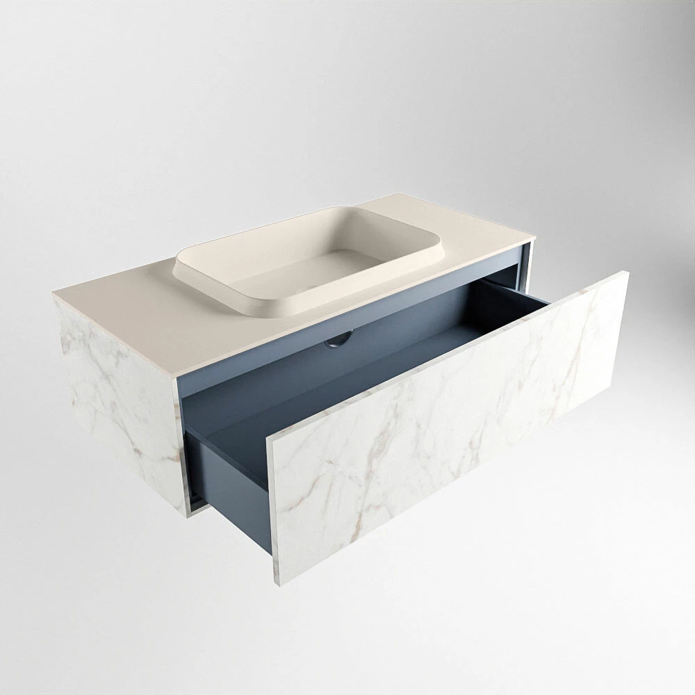 Mondiaz Erin 100cm Badmeubel Carrara Met 1 Lade En Beige Wastafel Midden Zonder Kraangaten - Afbeelding 5