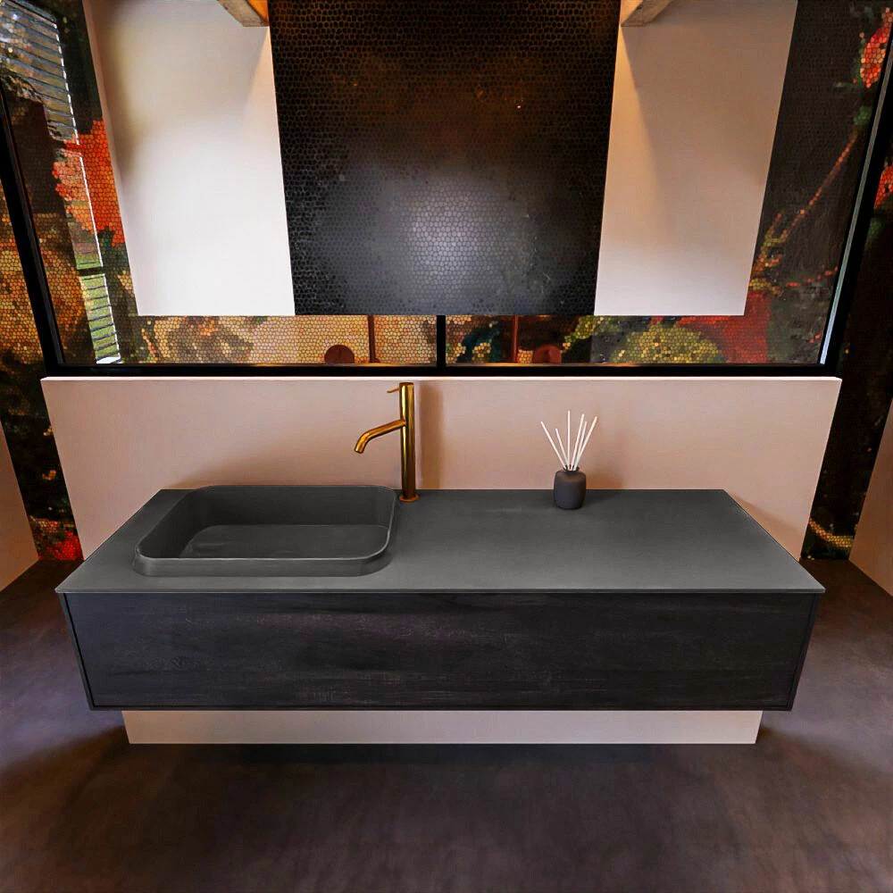 Mondiaz Erin 150cm Badmeubel Dark Brown Met 1 Lade En Donkergrijze Wastafel Links 1 Kraangat - Afbeelding 2