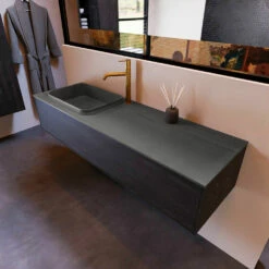 Mondiaz Erin 150cm Badmeubel Dark Brown Met 1 Lade En Donkergrijze Wastafel Links 1 Kraangat