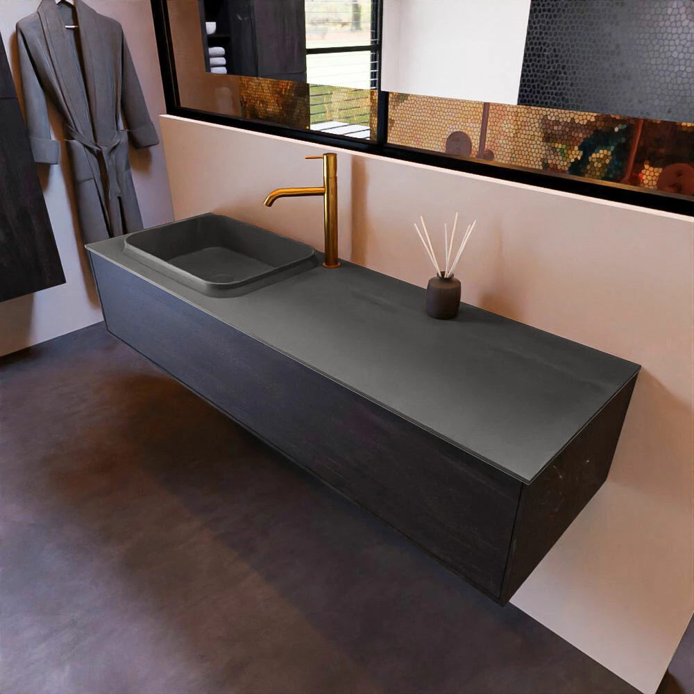 Mondiaz Erin 150cm Badmeubel Dark Brown Met 1 Lade En Donkergrijze Wastafel Links 1 Kraangat