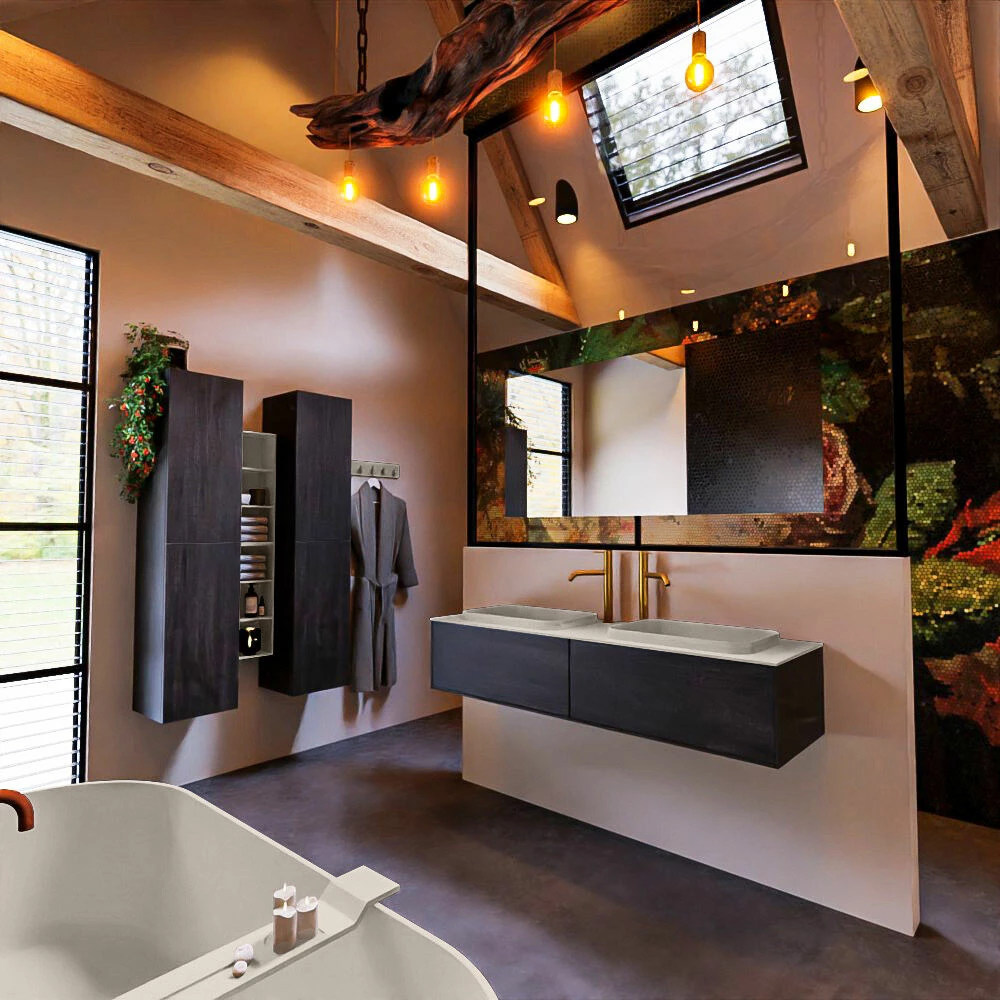 Mondiaz Erin 150cm Badmeubel Dark Brown Met 2 Lades En Beige Wastafel Dubbel 2 Kraangaten - Afbeelding 3