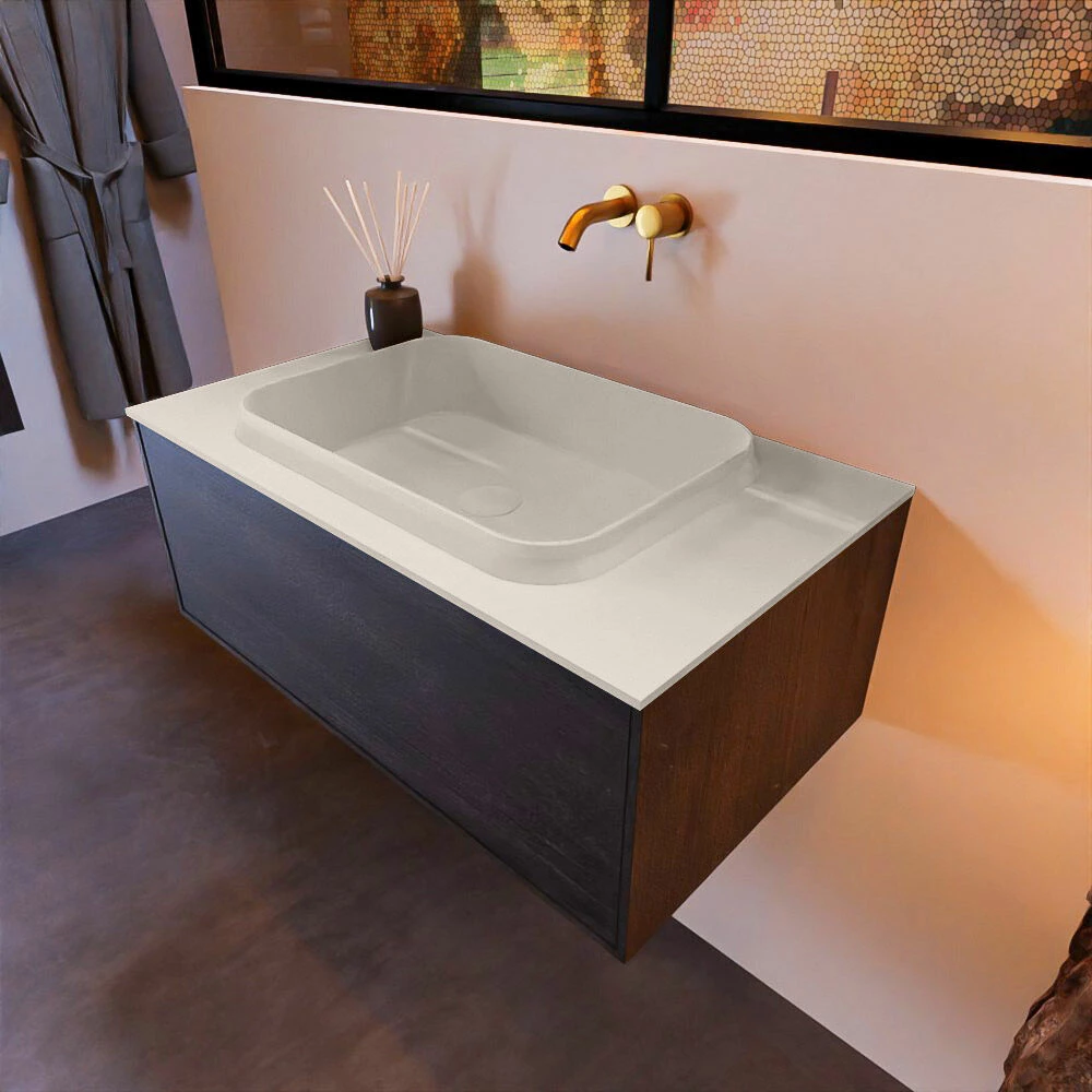 Mondiaz Erin 80cm Badmeubel Dark Brown Met 1 Lade En Beige Wastafel Midden Zonder Kraangaten