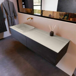 Mondiaz Erin 150cm Badmeubel Dark Brown Met 2 Lades En Beige Wastafel Links Zonder Kraangaten