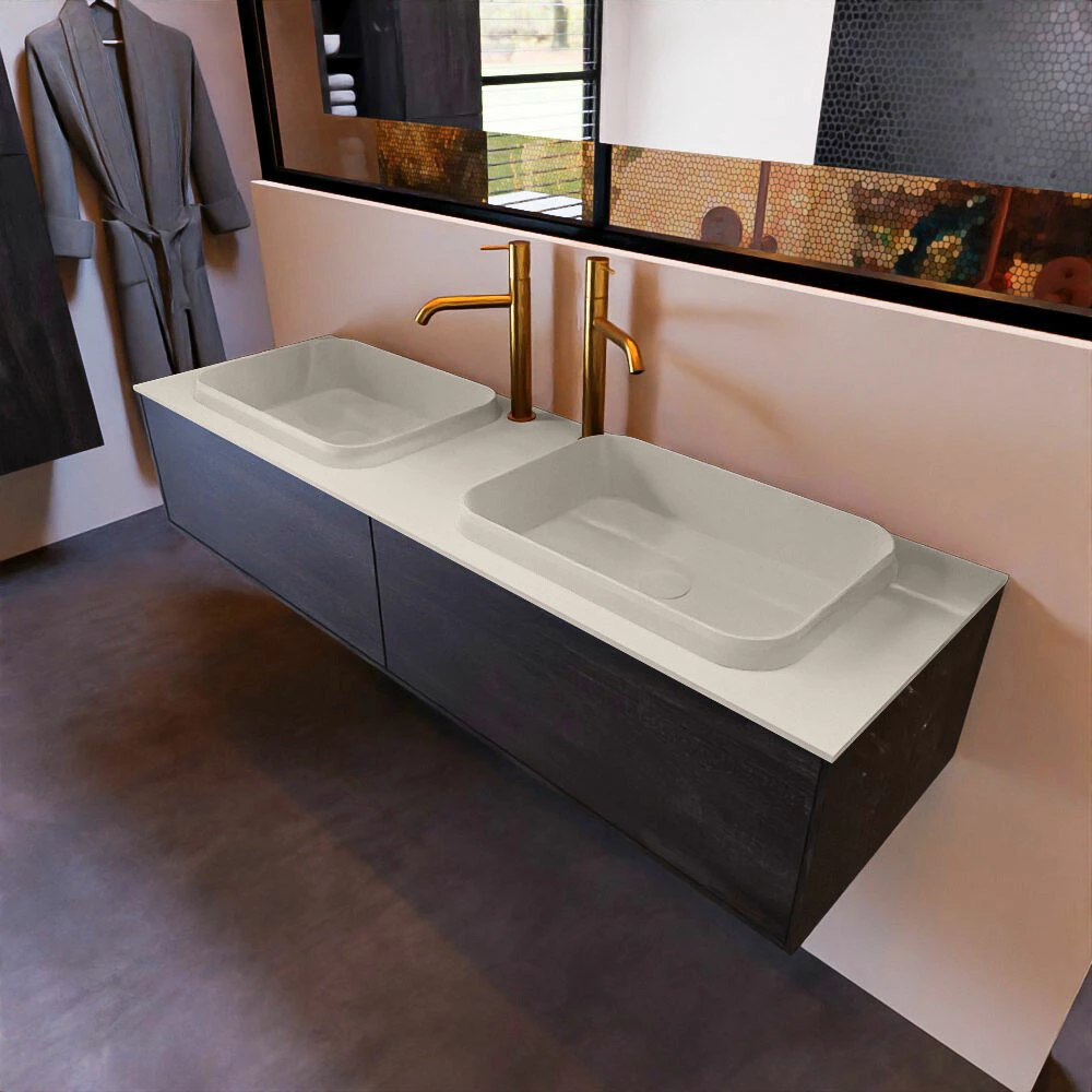 Mondiaz Erin 150cm Badmeubel Dark Brown Met 2 Lades En Beige Wastafel Dubbel 2 Kraangaten