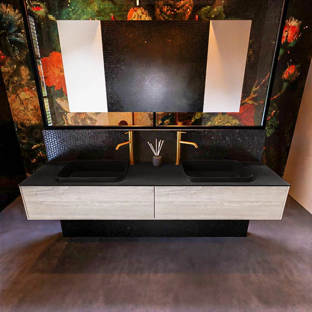 Mondiaz Erin 200cm Badmeubel Light Brown Grey Met 2 Lades En Zwarte Wastafel Dubbel 2 Kraangaten - Afbeelding 2