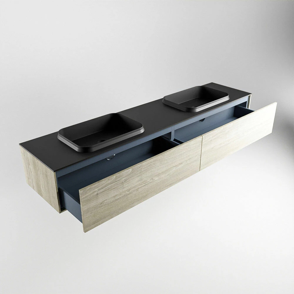 Mondiaz Erin 200cm Badmeubel Light Brown Grey Met 2 Lades En Zwarte Wastafel Dubbel 2 Kraangaten - Afbeelding 5