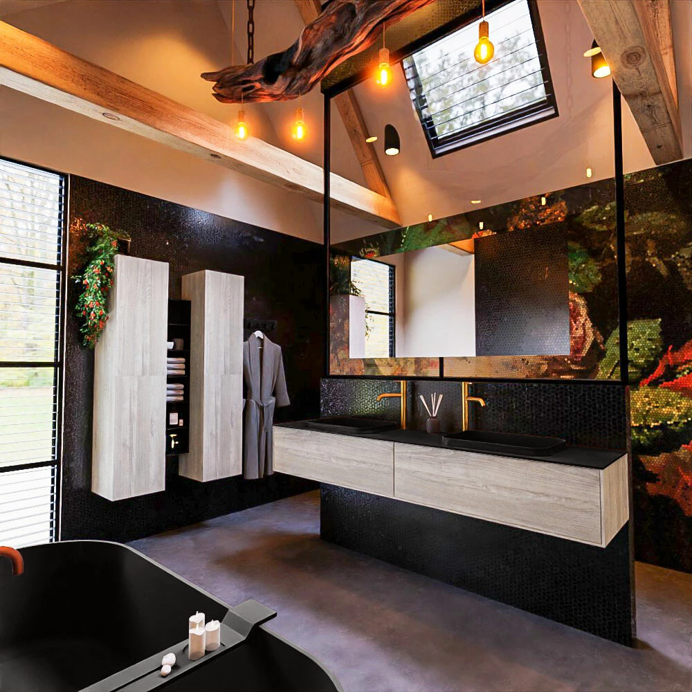 Mondiaz Erin 200cm Badmeubel Light Brown Grey Met 2 Lades En Zwarte Wastafel Dubbel 2 Kraangaten - Afbeelding 3